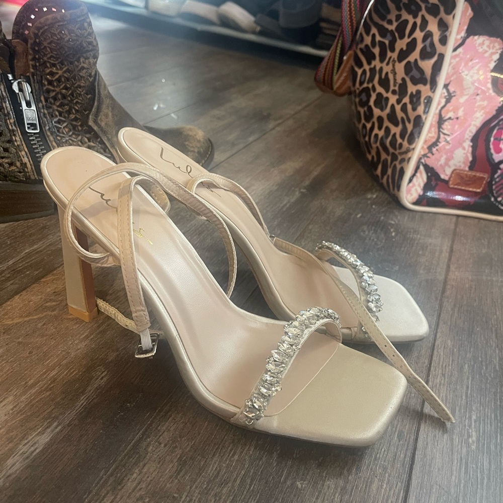 White Satin Rhinestone Ankle Strap Heels